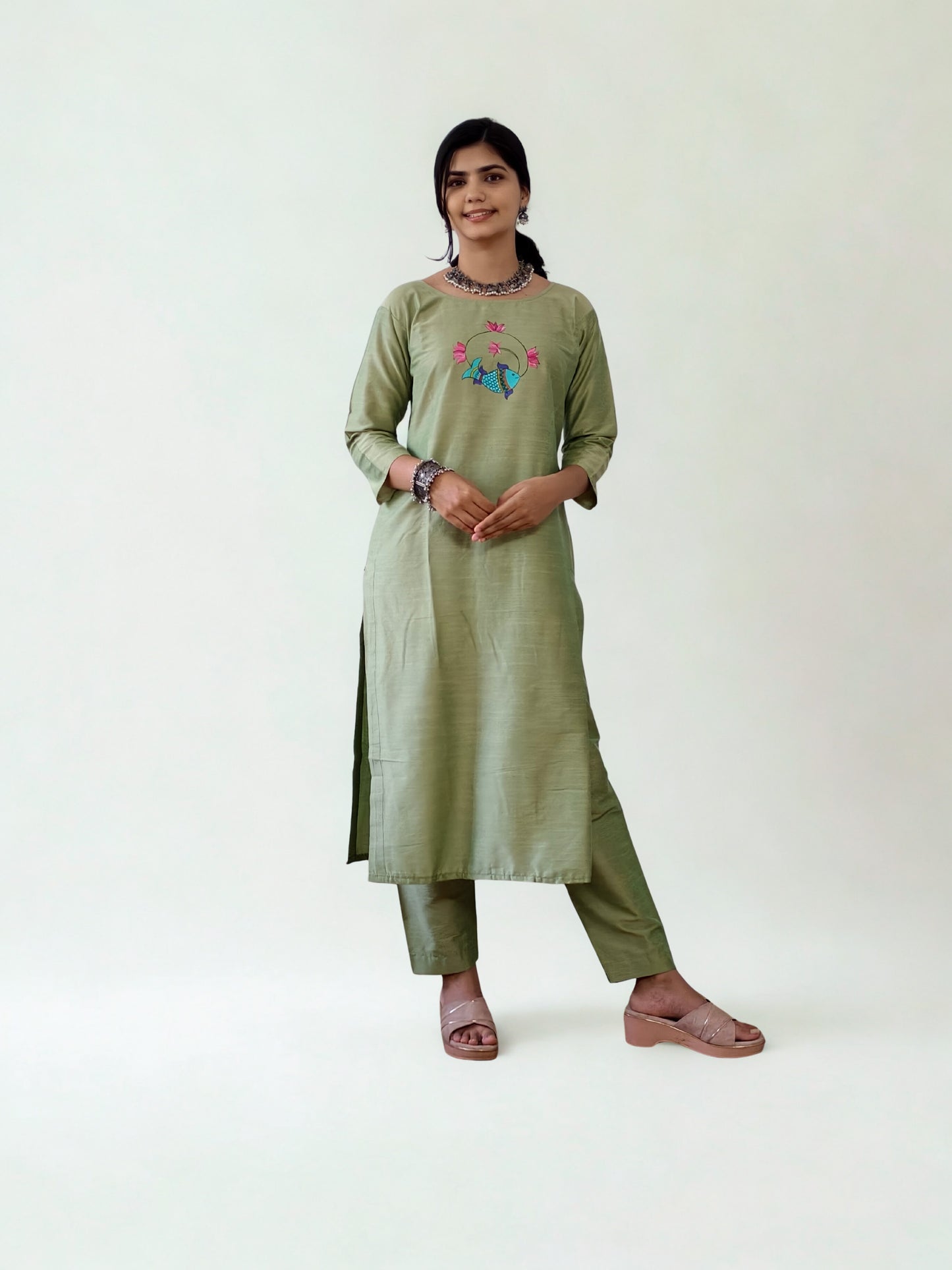 Semi Raw Silk Hand Painted Straight kurti