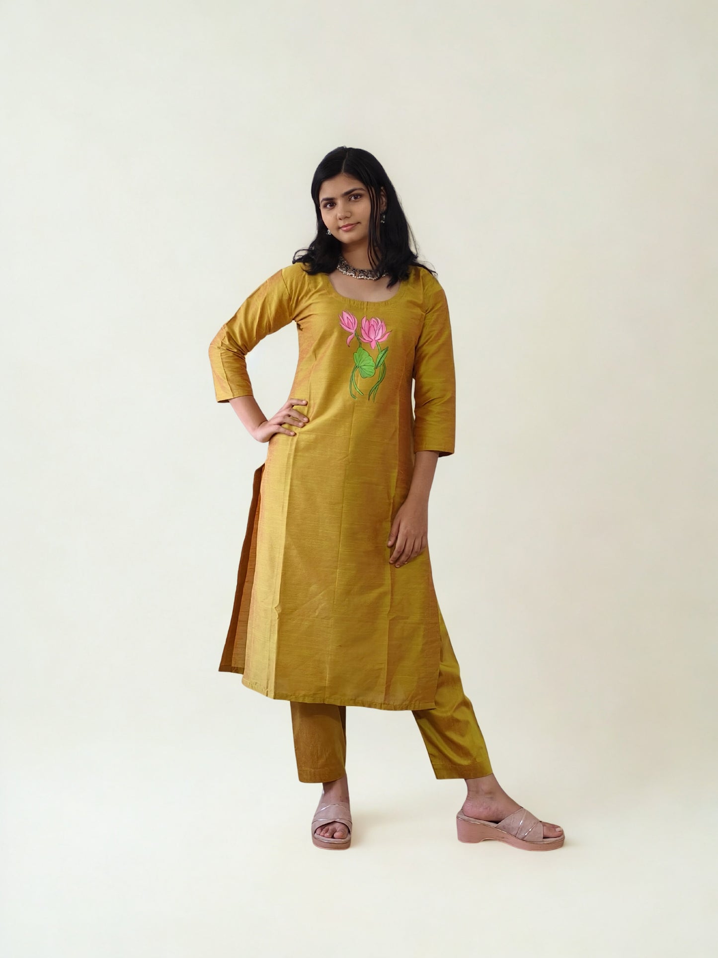 Semi Raw Silk Hand Painted Straight kurti