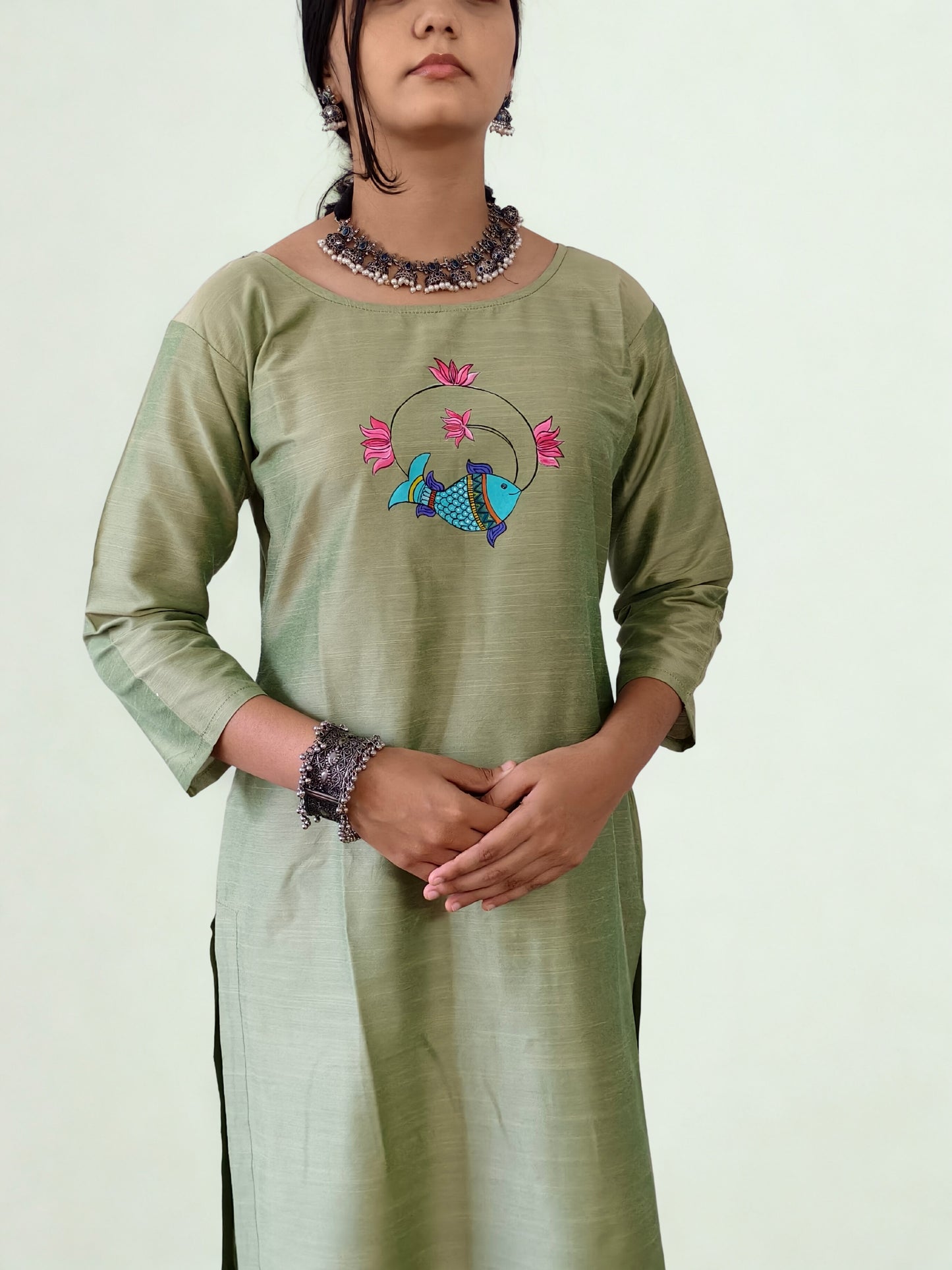 Semi Raw Silk Hand Painted Straight kurti