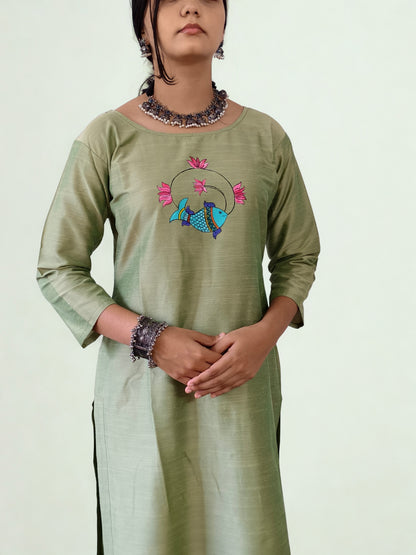 Semi Raw Silk Hand Painted Straight kurti