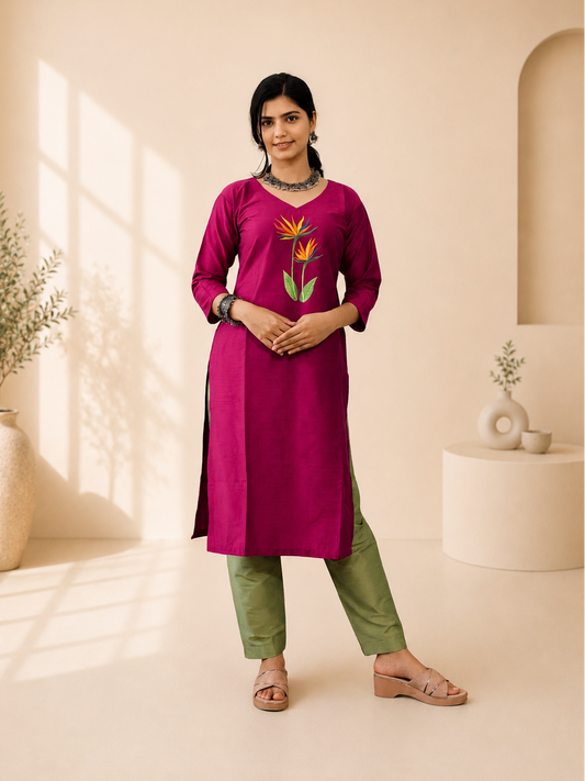 Semi Raw Silk Hand Painted Straight Kurti