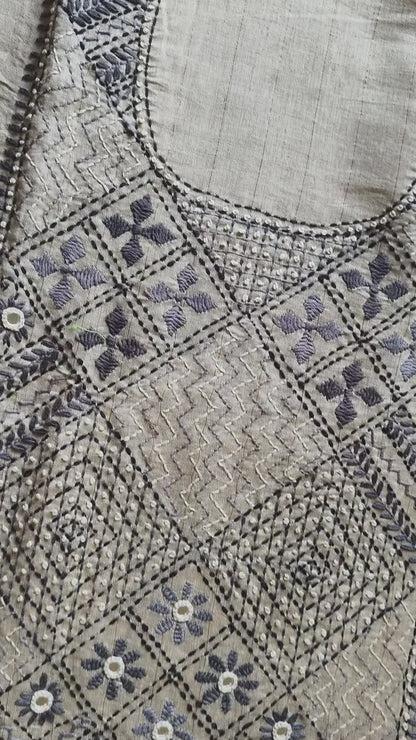 Semi Tussar hand Embroidered 3 piece unstiched Suit Set