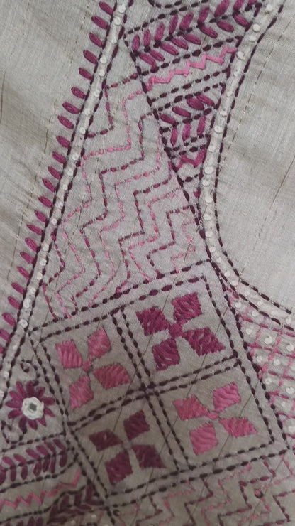 Semi Tussar Hand Embroidered 3 piece unstiched Suit Set