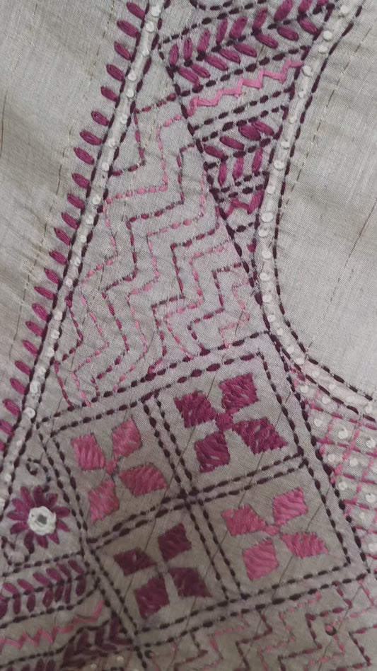 Semi Tussar Hand Embroidered 3 piece unstiched Suit Set